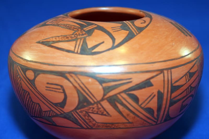 2010-30 Wide-Shouldered Redware Jar with Monochromatic Avian and Geometric Design