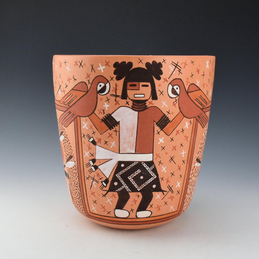 2020-07 Vase with kiva mural images, Zuni clay